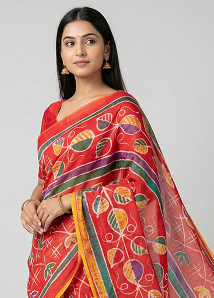 Red Printed Silk Saree Without Blouse Piece