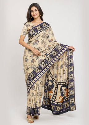 Cream Printed Pure Silk Saree Without Blouse Piece