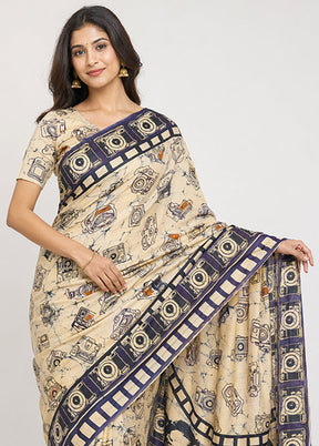 Cream Printed Pure Silk Saree Without Blouse Piece