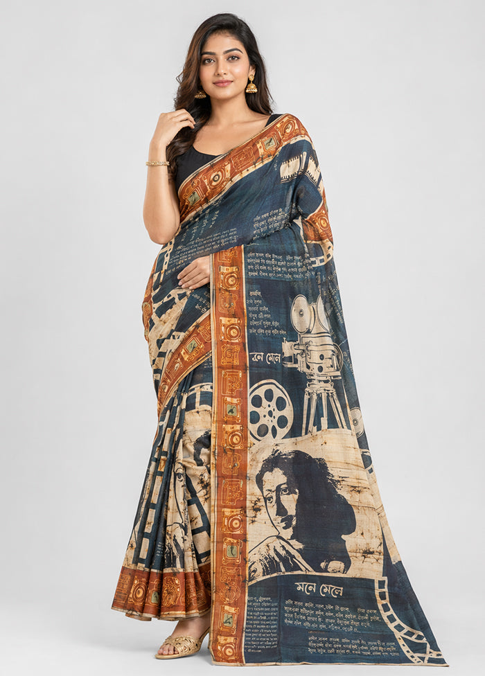Blue Printed Pure Silk Saree Without Blouse Piece