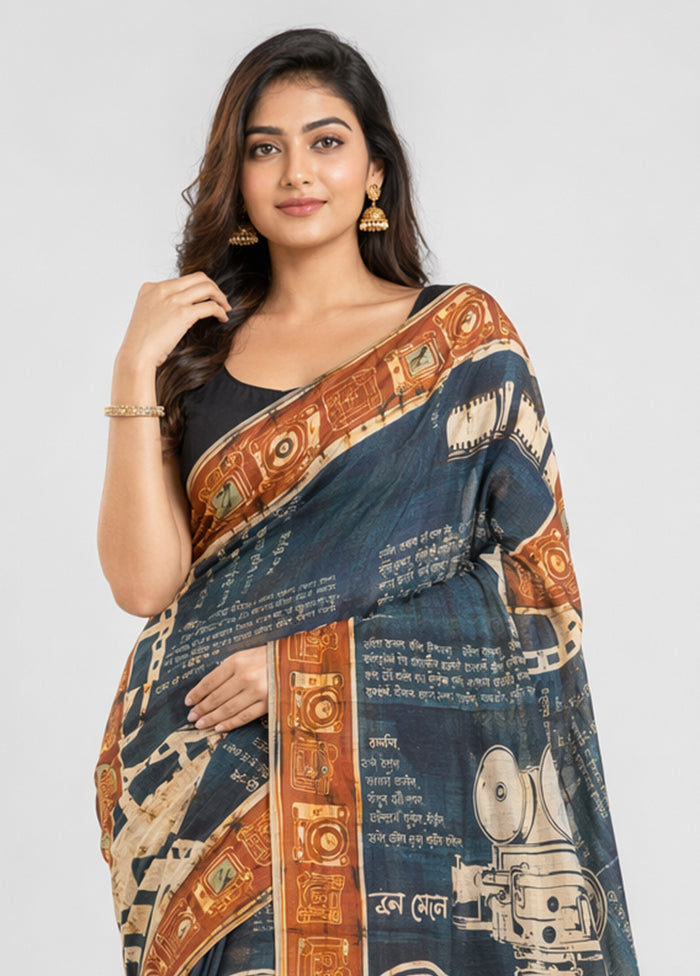 Blue Printed Pure Silk Saree Without Blouse Piece