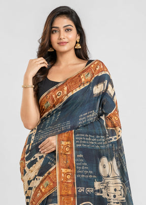 Blue Printed Pure Silk Saree Without Blouse Piece