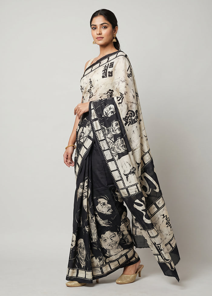 Cream Printed Pure Silk Saree Without Blouse Piece