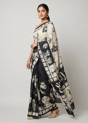 Cream Printed Pure Silk Saree Without Blouse Piece
