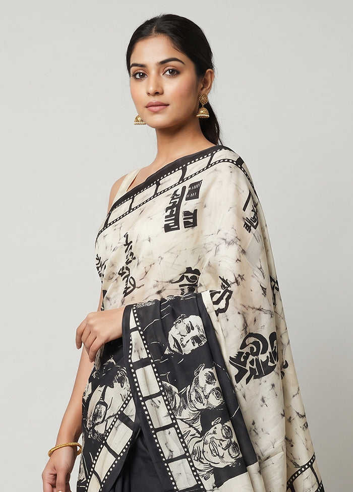 Cream Printed Pure Silk Saree Without Blouse Piece