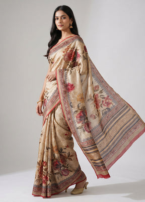 Cream Printed Pure Silk Saree Without Blouse Piece