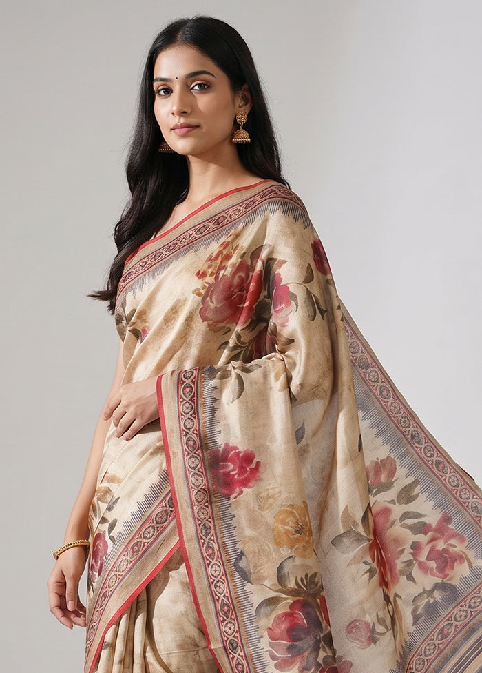 Cream Printed Pure Silk Saree Without Blouse Piece