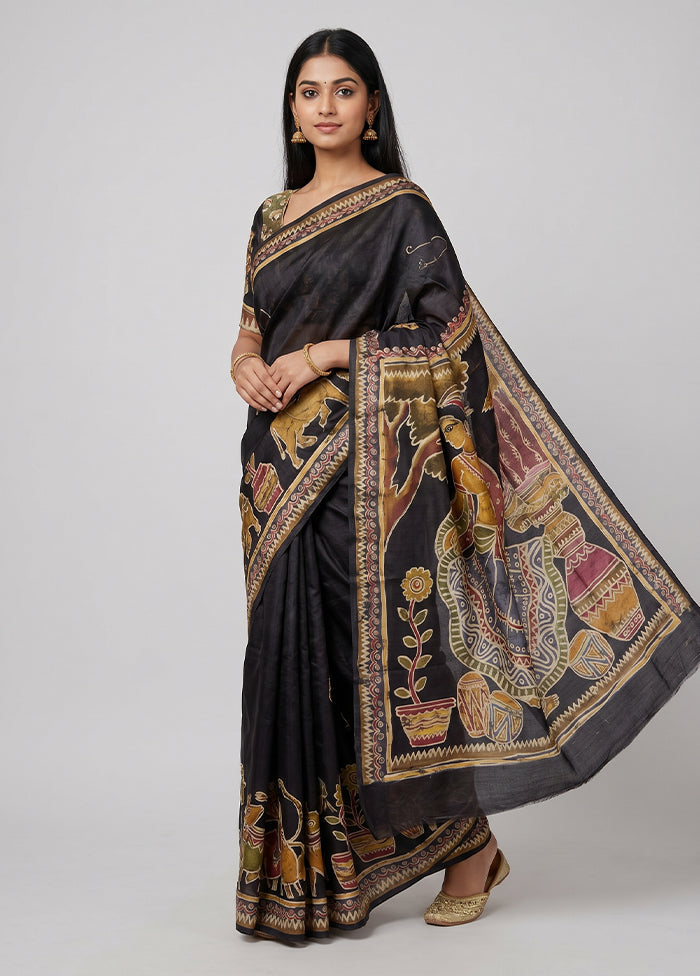Blue Printed Pure Silk Saree Without Blouse Piece