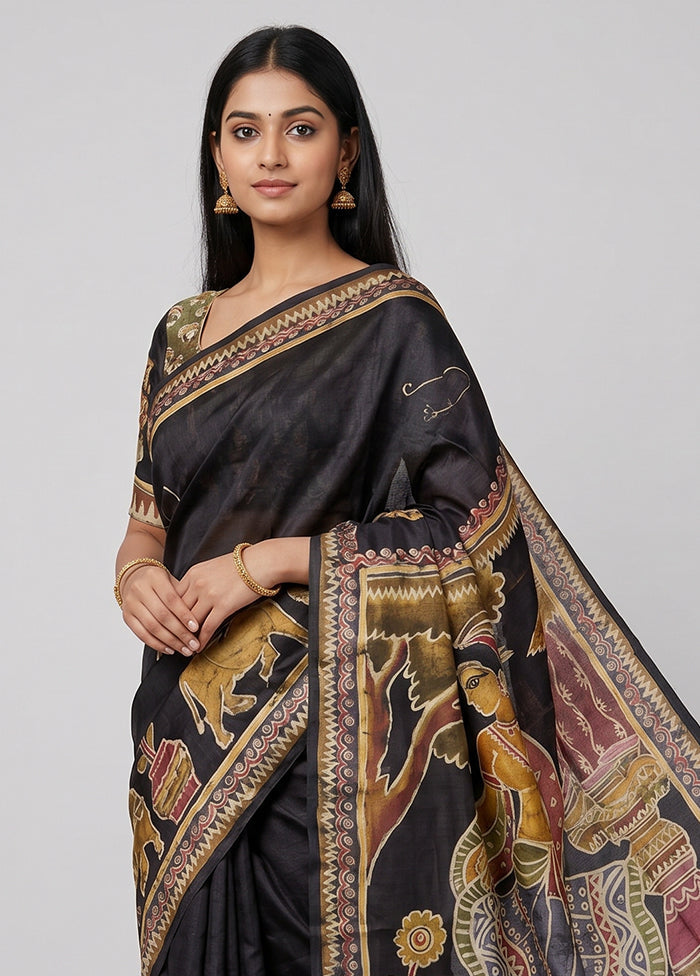Blue Printed Pure Silk Saree Without Blouse Piece