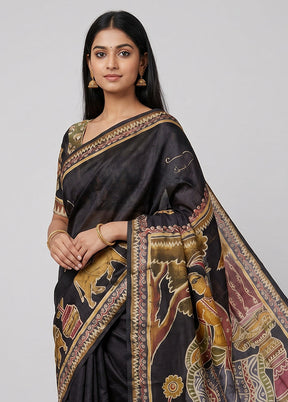 Blue Printed Pure Silk Saree Without Blouse Piece