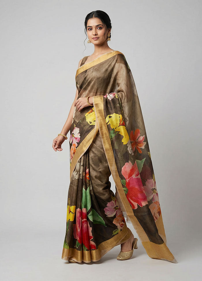 Cream Printed Pure Silk Saree Without Blouse Piece