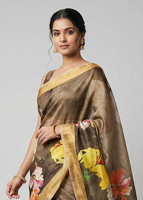 Cream Printed Pure Silk Saree Without Blouse Piece