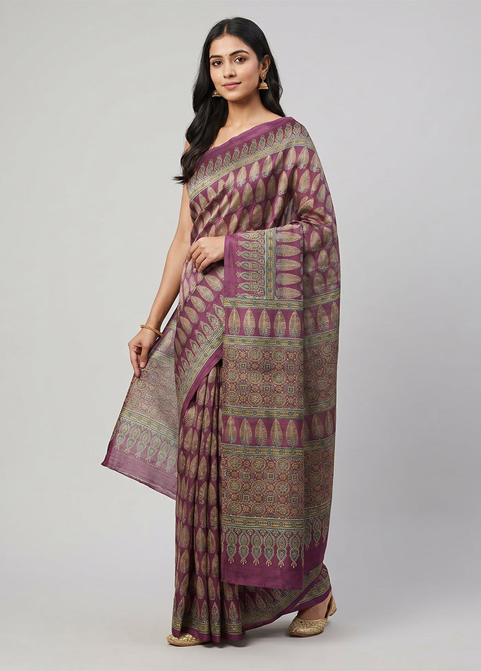Purple Printed Silk Saree Without Blouse Piece