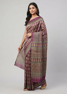 Purple Printed Silk Saree Without Blouse Piece