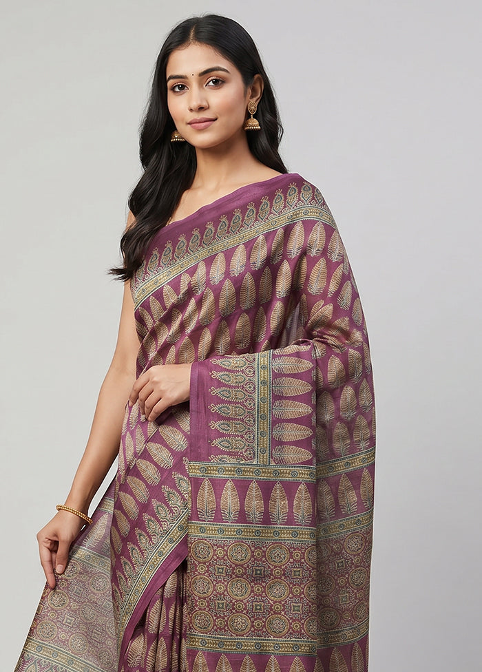 Purple Printed Silk Saree Without Blouse Piece