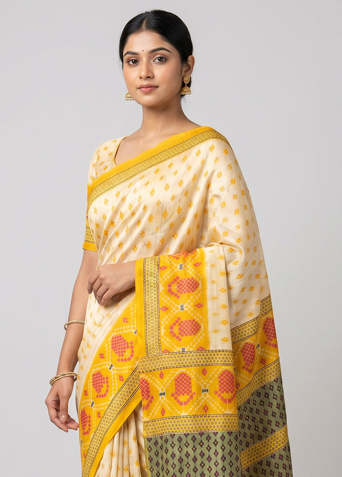 Cream Printed Silk Saree Without Blouse Piece