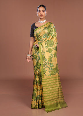 Cream Printed Pure Silk Saree Without Blouse Piece