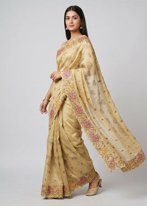 Cream Tussar Silk Saree With Blouse Piece