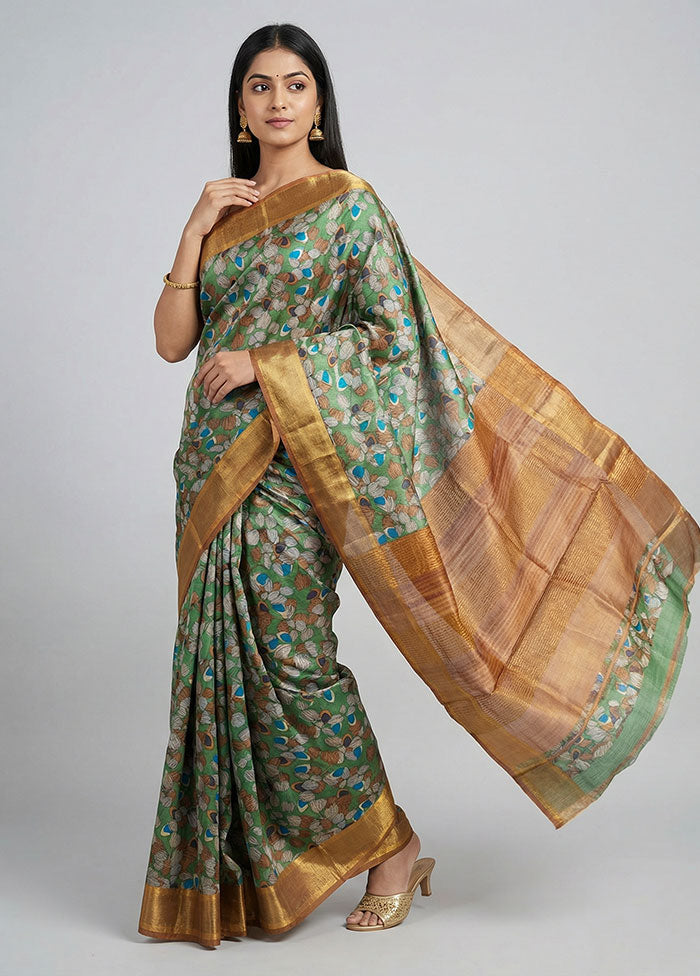 Green Handloom Tussar Pure Silk Saree With Blouse Piece