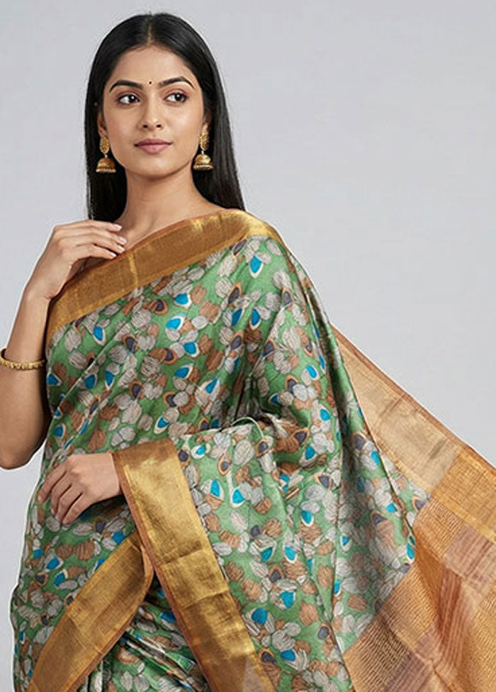 Green Handloom Tussar Pure Silk Saree With Blouse Piece
