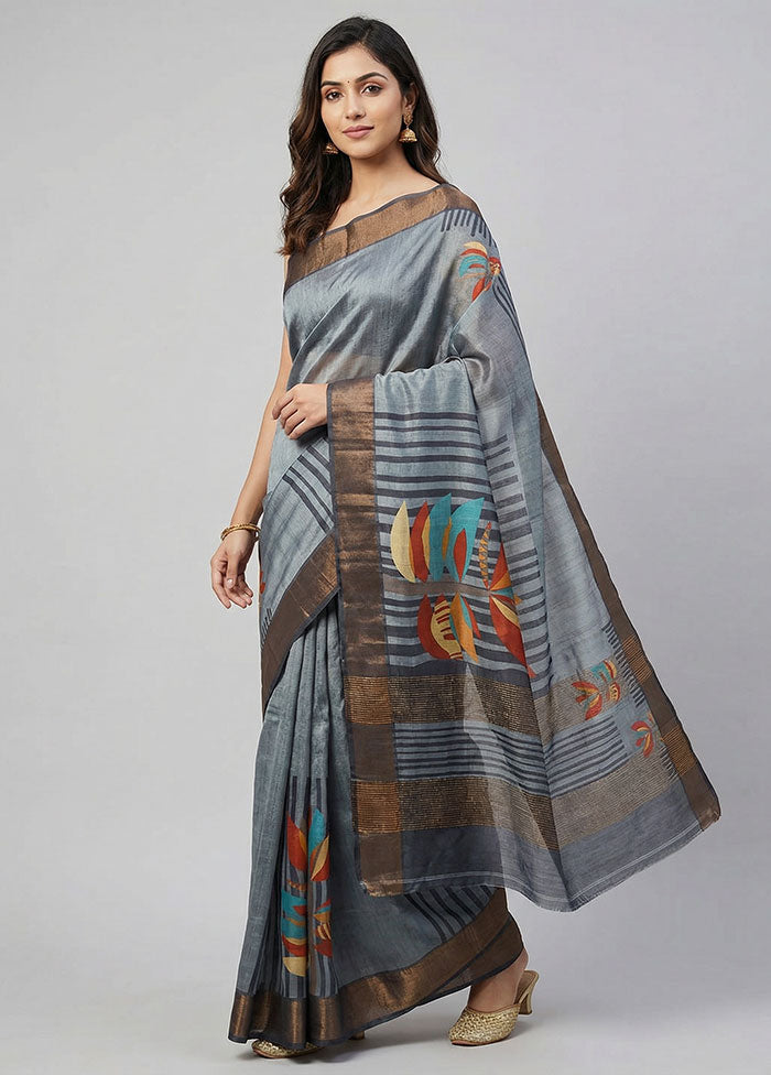 Grey Handloom Tussar Pure Silk Saree With Blouse Piece