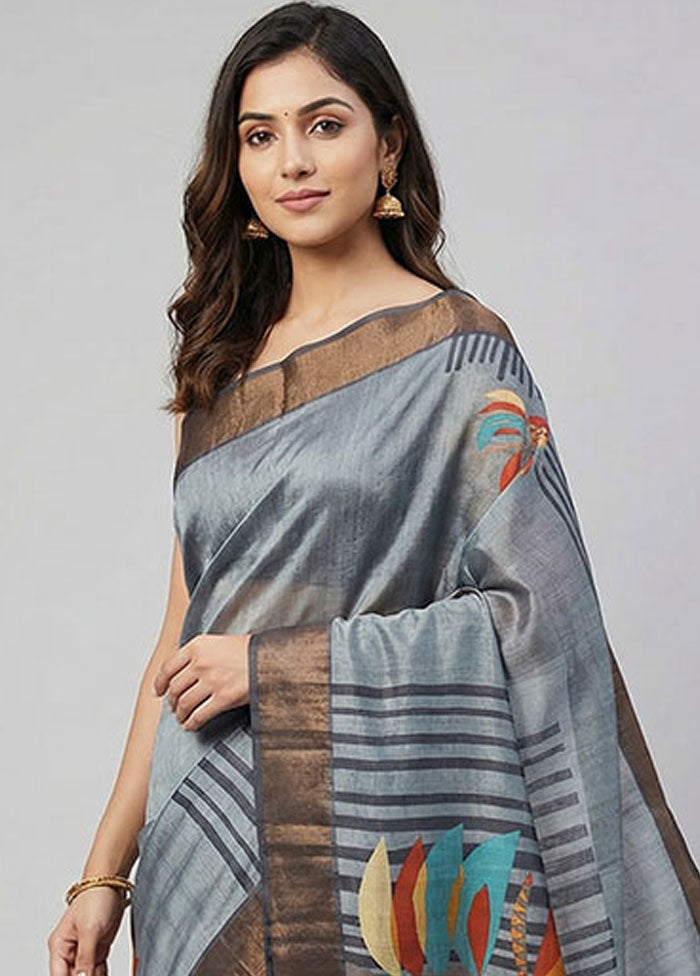 Grey Handloom Tussar Pure Silk Saree With Blouse Piece