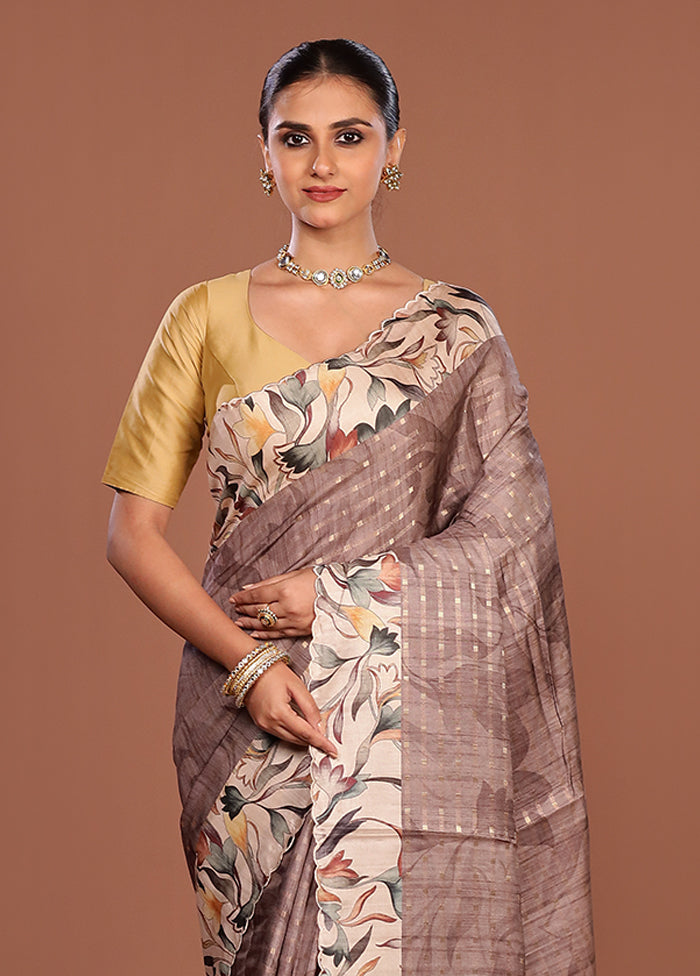 Grey Tussar Silk Saree With Blouse Piece