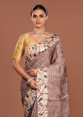 Grey Tussar Silk Saree With Blouse Piece