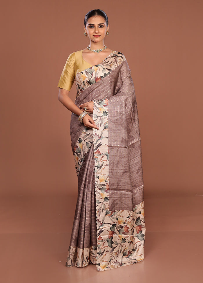 Grey Tussar Silk Saree With Blouse Piece