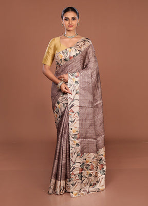 Grey Tussar Silk Saree With Blouse Piece