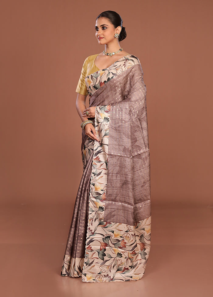 Grey Tussar Silk Saree With Blouse Piece