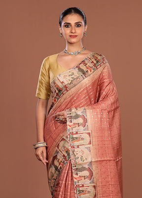 Pink Tussar Silk Saree With Blouse Piece