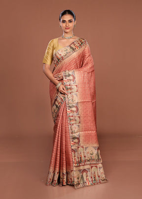 Pink Tussar Silk Saree With Blouse Piece
