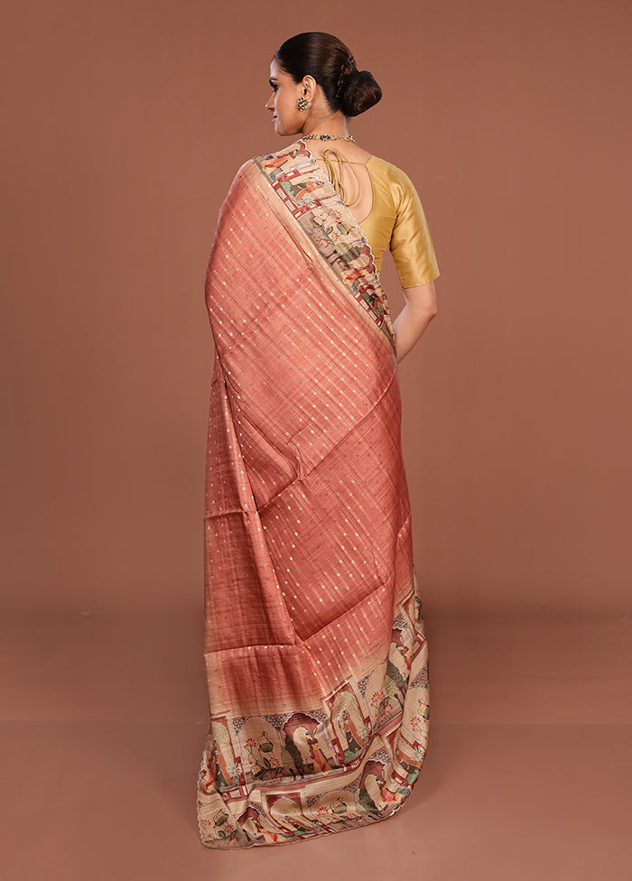 Pink Tussar Silk Saree With Blouse Piece