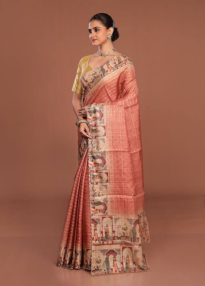 Pink Tussar Silk Saree With Blouse Piece