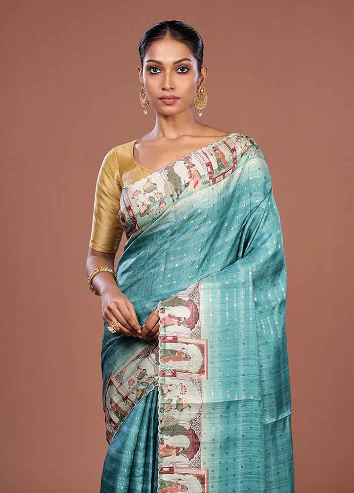 Green Tussar Silk Saree With Blouse Piece
