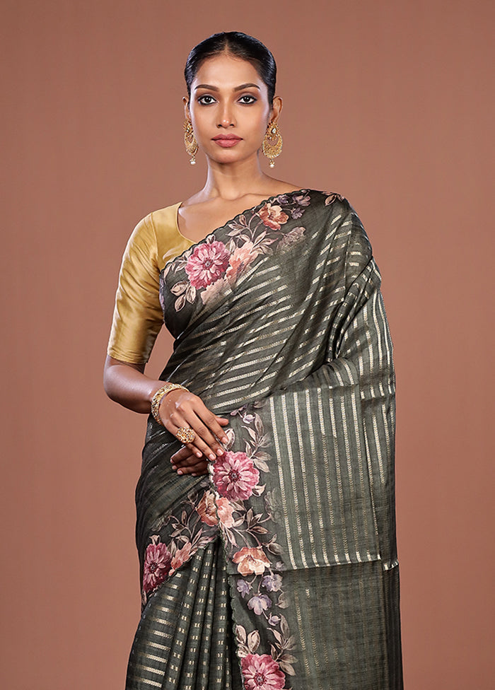 Green Tussar Silk Saree With Blouse Piece