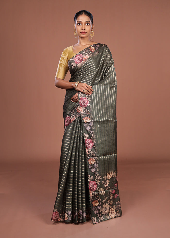 Green Tussar Silk Saree With Blouse Piece