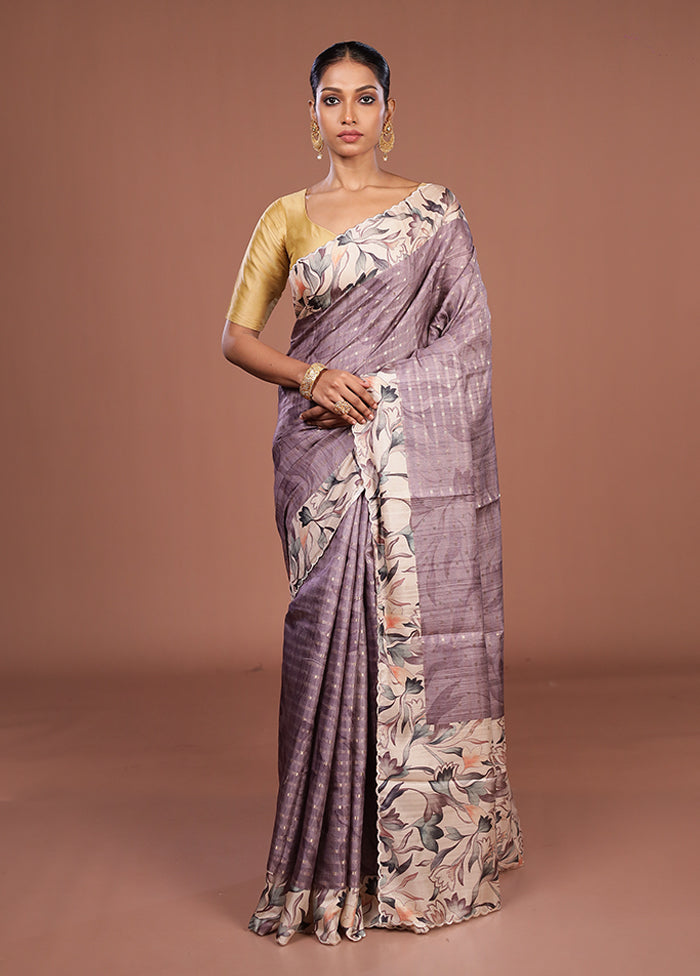 Purple Tussar Silk Saree With Blouse Piece