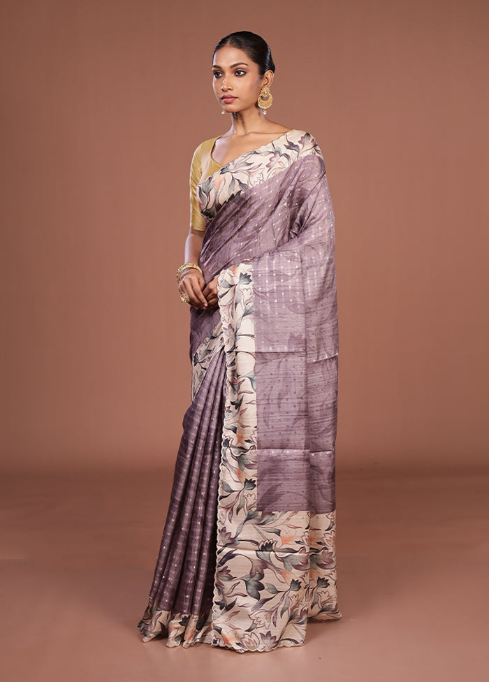 Purple Tussar Silk Saree With Blouse Piece