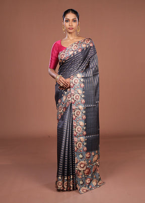 Grey Tussar Silk Saree With Blouse Piece
