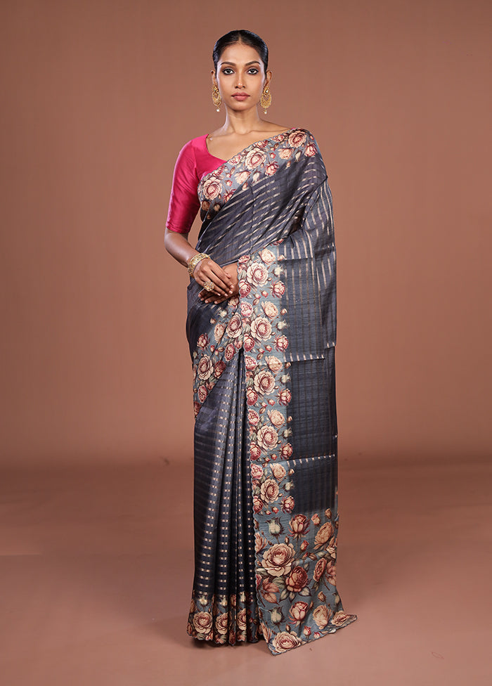Grey Tussar Silk Saree With Blouse Piece