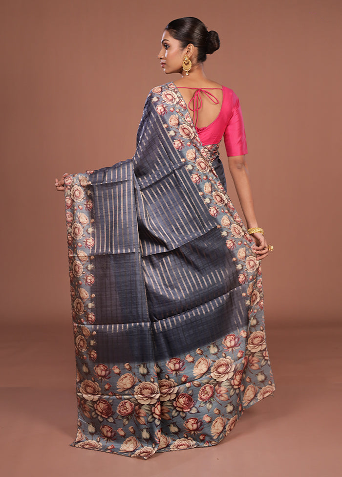 Grey Tussar Silk Saree With Blouse Piece