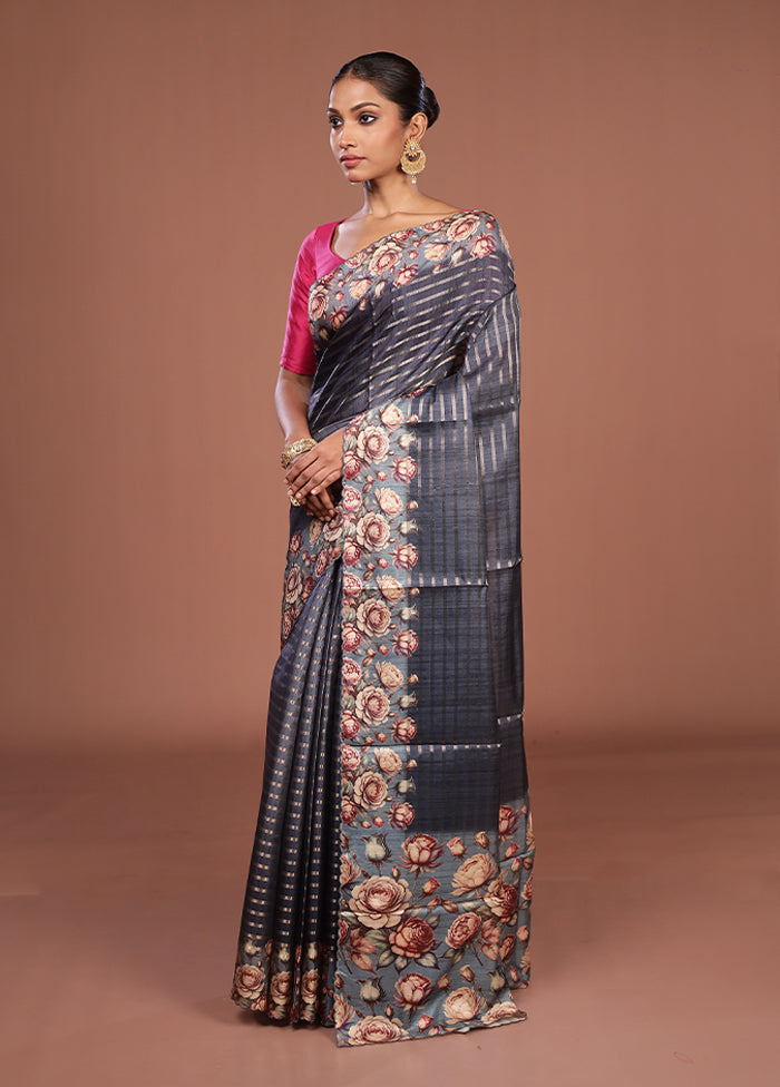 Grey Tussar Silk Saree With Blouse Piece
