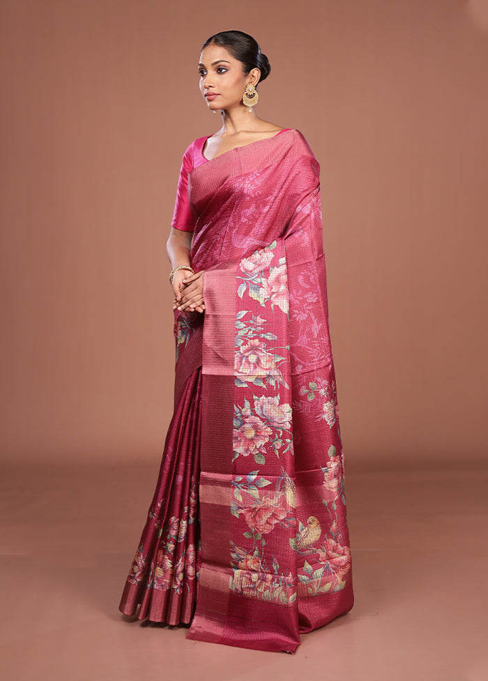 Pink Tussar Silk Saree With Blouse Piece