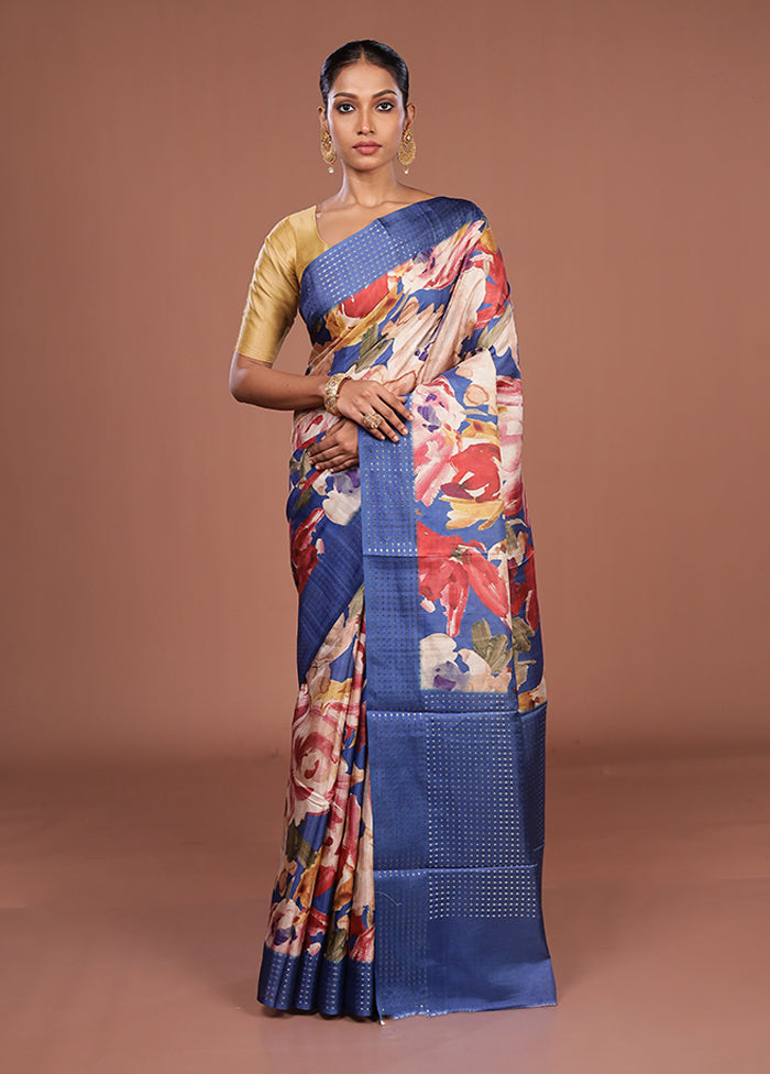 Blue Tussar Silk Saree With Blouse Piece