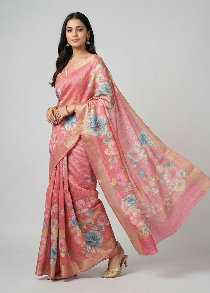 Pink Tussar Silk Saree With Blouse Piece