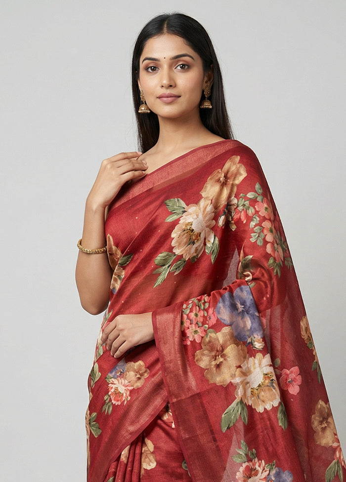 Red Tussar Silk Saree With Blouse Piece