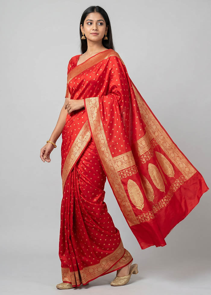 Red Banarasi Silk Saree With Blouse Piece