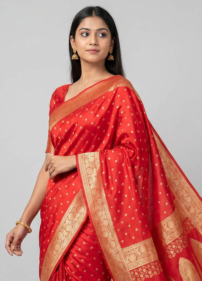 Red Banarasi Silk Saree With Blouse Piece